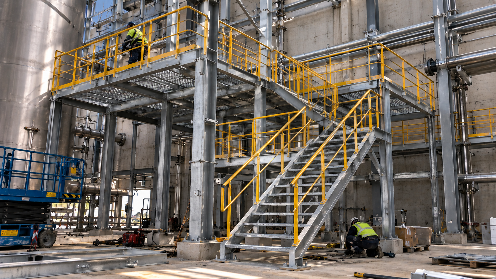 Montagem de estrutura metálica em obra industrial